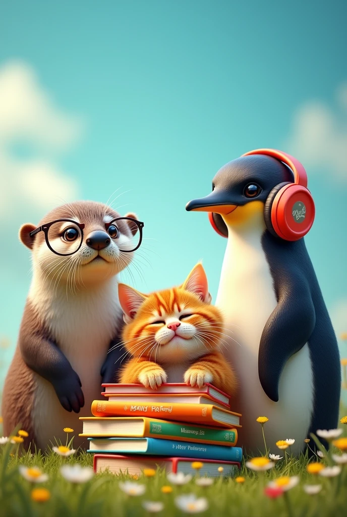 Generate an image showing an otter wearing glasses, next to a penguin with headphones, and with them, an orange-furred cat carrying some books next to her. The scene should be cheerful and colorful, with each animal standing out in its characteristic attitude: the otter with a curious expression behind his glasses, the penguin enjoying his music and the orange cat with a relaxed or playful posture