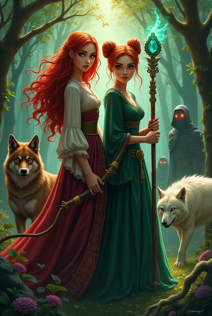 fantasy book cover. Two witch sisters of approximate age. The first sister has long, loose red hair and green eyes., carries a bow and arrow studded with rubies. The second sister has red hair tied in two buns and green eyes., carries a large staff with a green emerald stone on the tip. Two wolves protect them, the first wolf has brown fur and black eyes. The second wolf has white fur and red eyes..
In the background of the image a group of vampires hide in the shadows so that only their pairs of red eyes are visible.. 