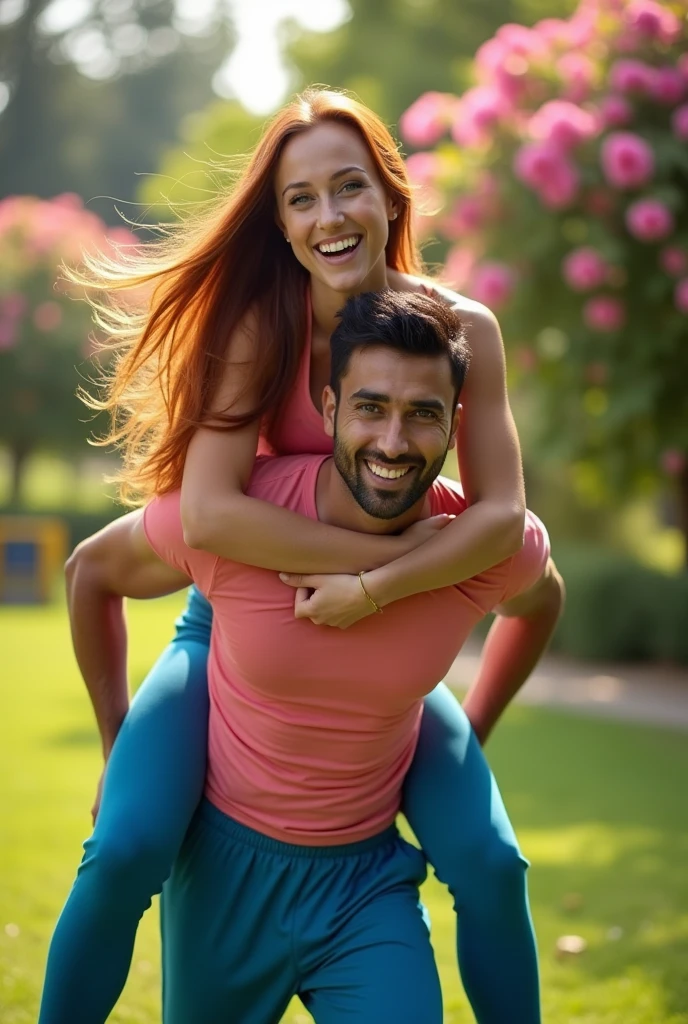A hot russian woman lifting and carrying a Indian man on her shoulders in piggyback style , man is sitting on woman's back, woman at bottom