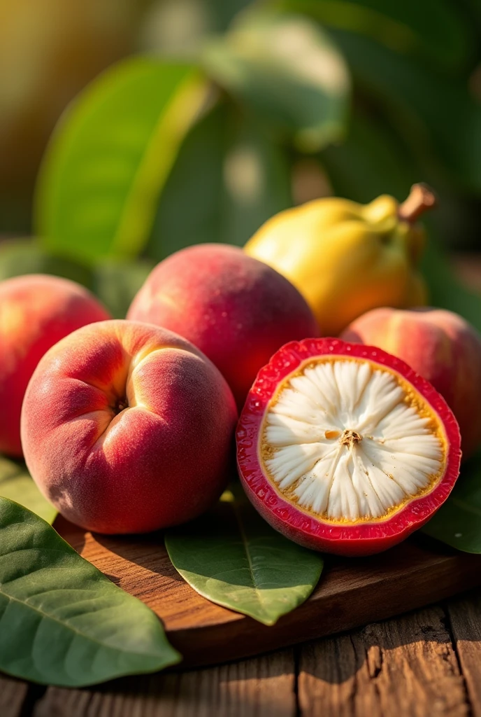 image of red fruits, soursop without stalks and peaches
