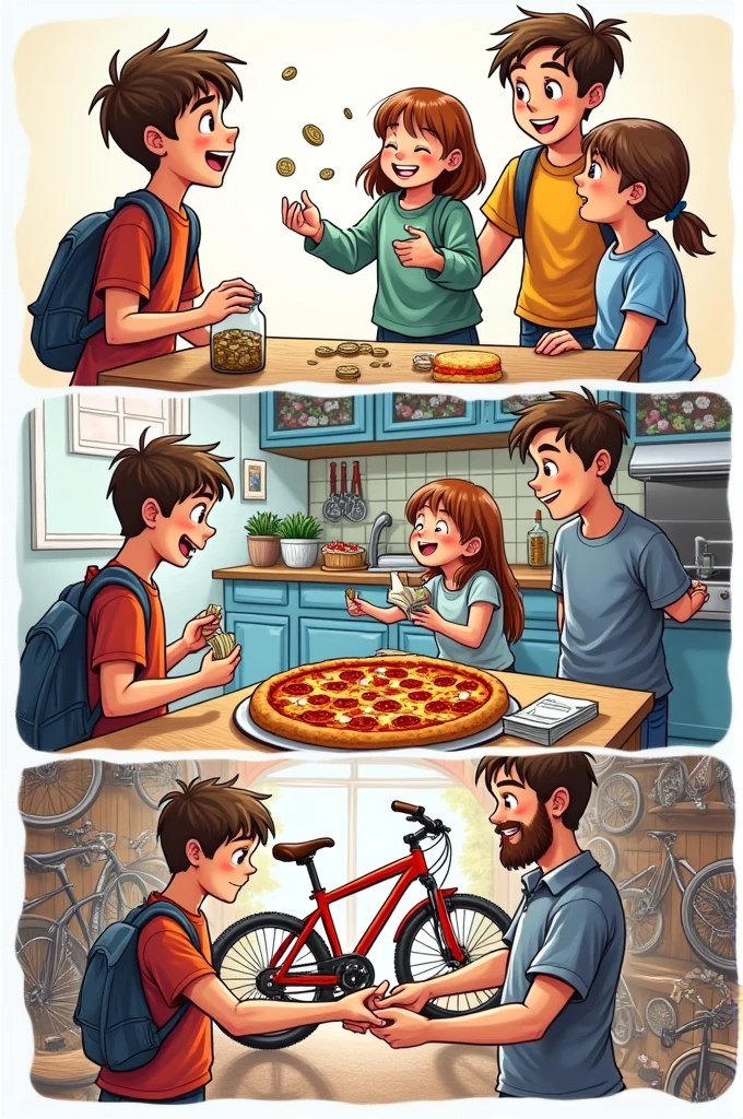  Scene of a student checking his savings jar with a smile and his sister on the side celebrating his effort Scene of the student with his mother and sister celebrating with a pizza Scene of a student in a bike shop looking at the one he wants to buy Scene of a young man paying for his bike in the shop All on a 4-panel sheet without color
