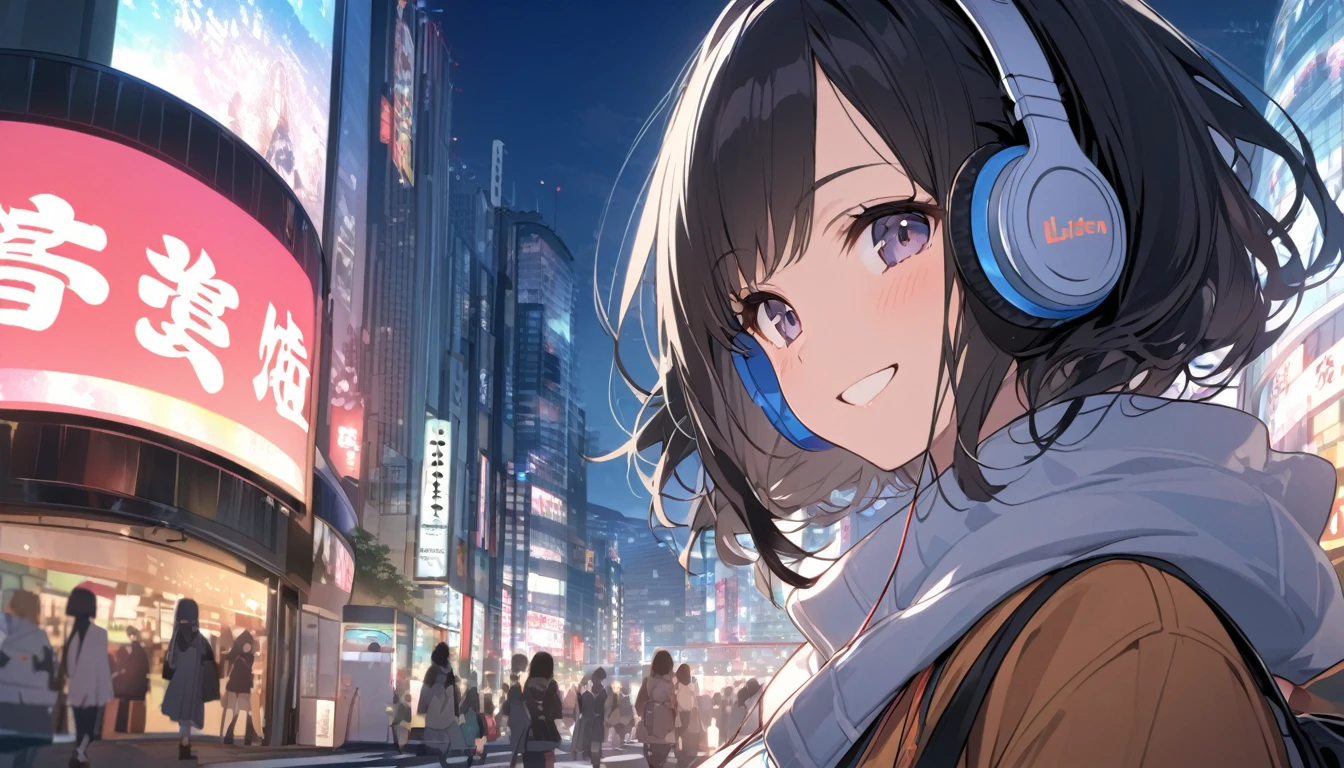 Smiling black-haired woman wearing headphones looking at the city of Tokyo,Streetscape、listen to music、Japanese