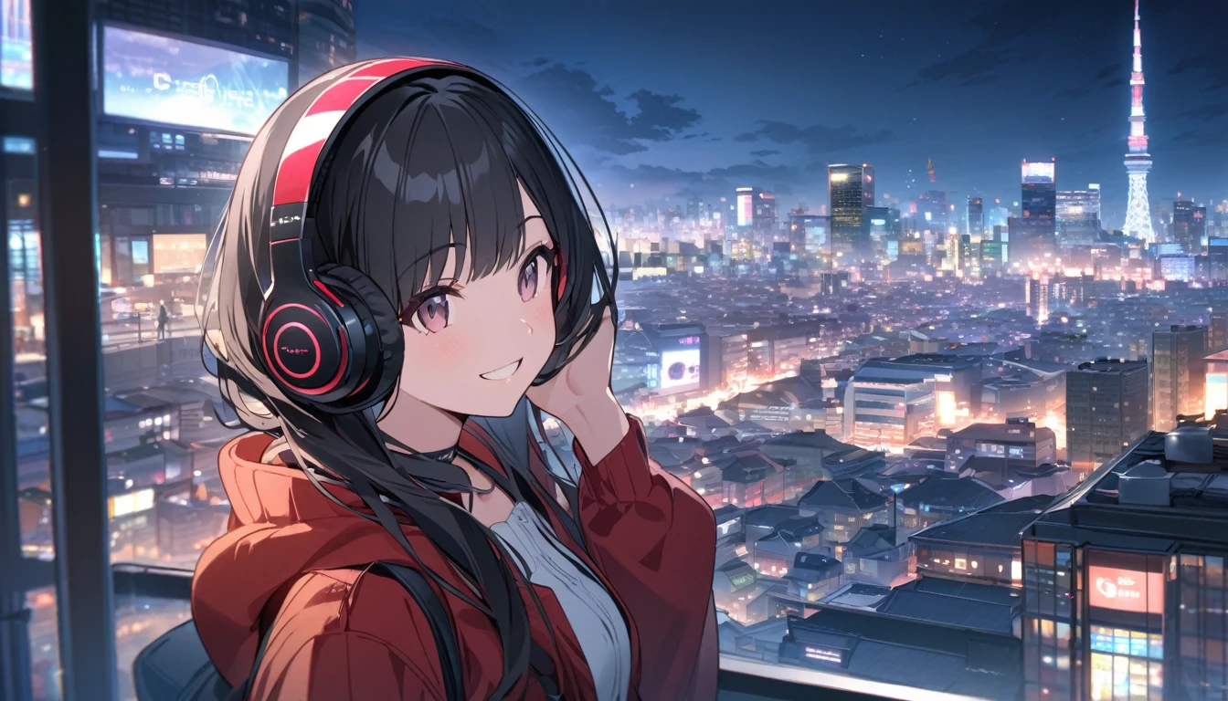 Smiling black-haired woman wearing headphones looking at the city of Tokyo,Streetscape、listen to music、Japanese