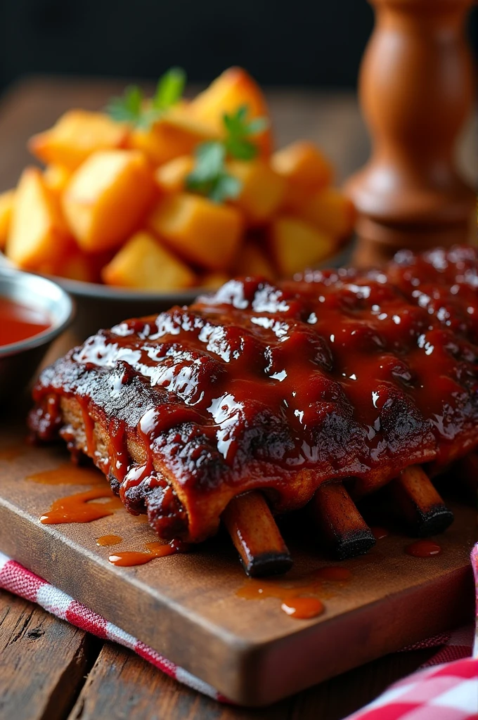 Photographic image of a plate of pork ribs in barbecue sauce accompanied with Colombian fried potatoes 