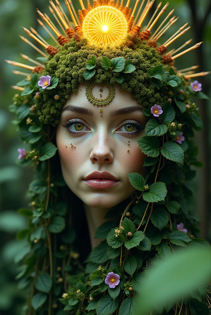 Create the face of a Forest godess. Ter face is made up compeletly of the forest. Her eyes are in tears are the rivers of the magicle forest. She is so beautiful. Her crown is the rising sun
