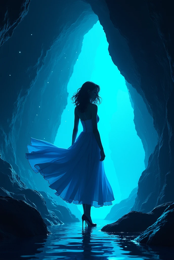 Black shadow of a beautiful woman in elegant cartoon style dress, Vice City GTA, in a huge and spacious cave, blue color
