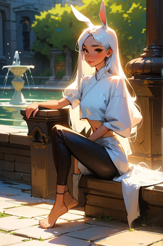 ((masterpiece,best quality)),1girl, solo, fit body, animal ears, rabbit, barefoot, sitting comfortably, leather pants, leather crop top, sitting, rabbit ears, short sleeves, looking at viewer, stone brick floor, large mansion in the background, long white hair, light smile, white hair, puffy sleeves, outdoors, puffy short sleeves, bangs, on the rim of a beautiful water fountain, full body, animal, white dress, sunlight, brown eyes, dappled moonlight, night, depth of field