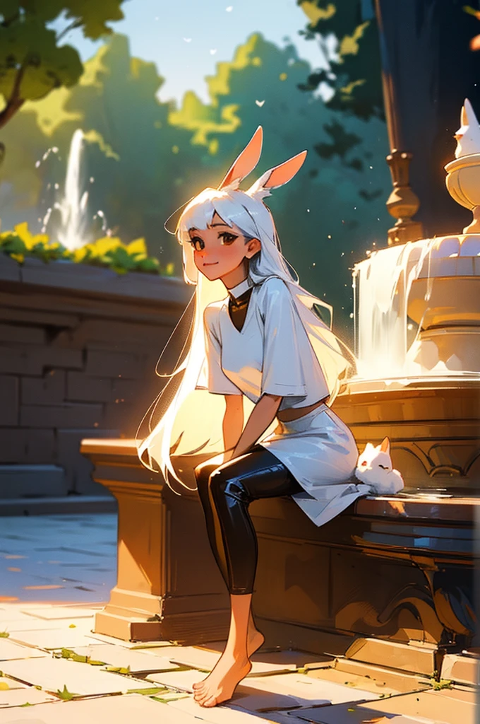 ((masterpiece,best quality)),1girl, solo, fit body, animal ears, rabbit, barefoot, sitting comfortably, leather pants, leather crop top, sitting, rabbit ears, short sleeves, looking at viewer, stone brick floor, large mansion in the background, long white hair, light smile, white hair, puffy sleeves, outdoors, puffy short sleeves, bangs, on the rim of a beautiful water fountain, full body, animal, white dress, sunlight, brown eyes, dappled moonlight, night, depth of field