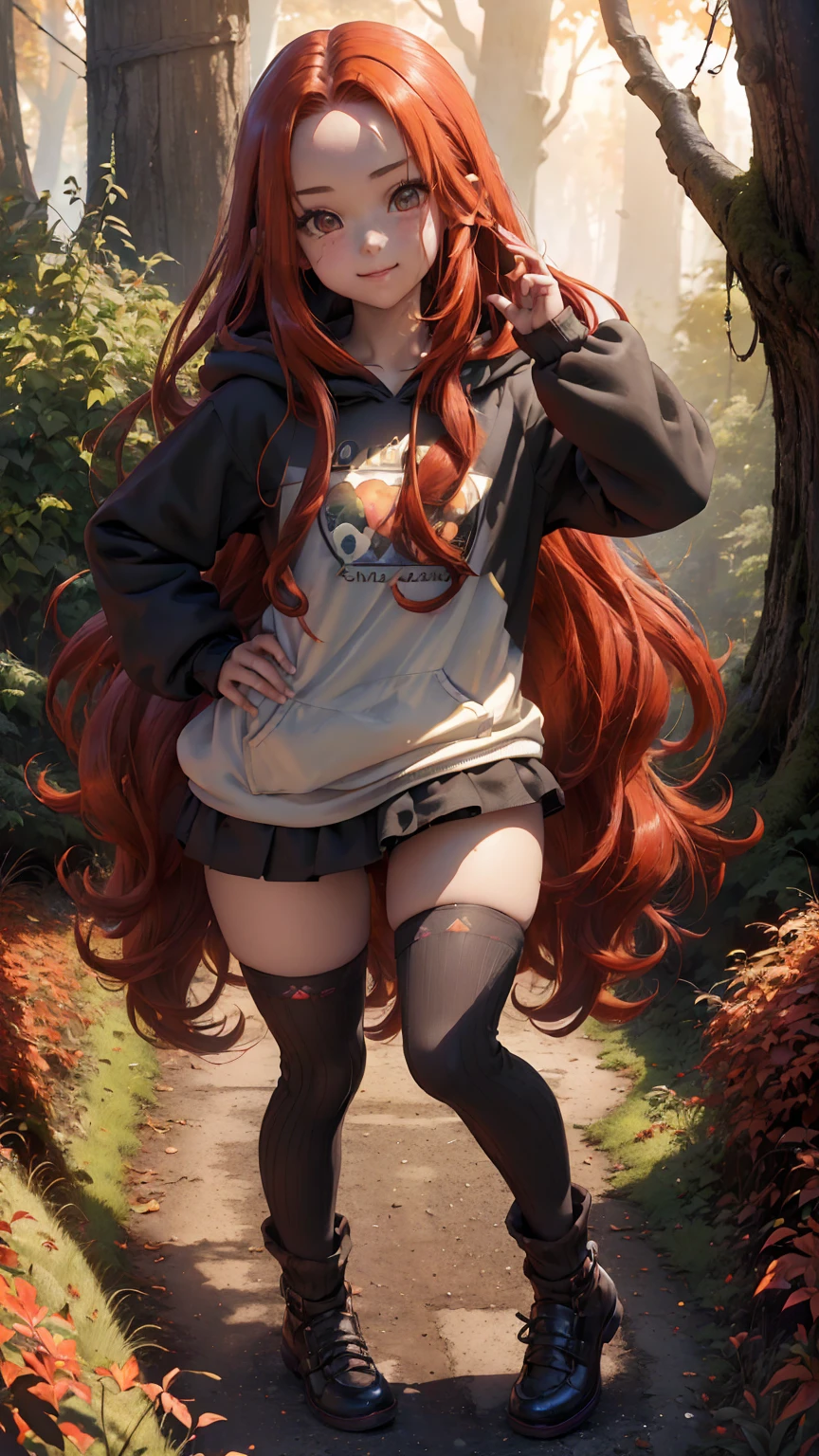 Young girl, (), (little body, small height), (petite girl: 1.35), (adorable face), (big forehead: 1.2), she has a long flowing hair, (red hair: 1.5), (long hair: 1.35), asian features, (brown eyes: 1.5), bright eyes, brown light eyes, (white skin: 1.35), beautiful detailed eyes, cute young girl, (flat chest: 1.35), (((wearing black skirt, a baggy black hoddie and Over-the-knee socks))), high quality clothes, high resolution, (detailed clothes), (loose hoddie: 1.35), (autumn forest, sunset, warm light background))), cute, daring girl, (detailed background), (full detailed 8k), (perfectly detailed face), (enhance anatomy), vfx, highres, sharp, focus, (photorealistic artwork: 1.35), (extremely detailed CG unity 8k wallpaper), (((vibrant colors, vibrant theme))), (dynamic pose: 1.5), cool vibes, fashion girl, happy, flirting expression, coquette, (playful attitude), smiling, happy, adorable small girl, joyful girl
