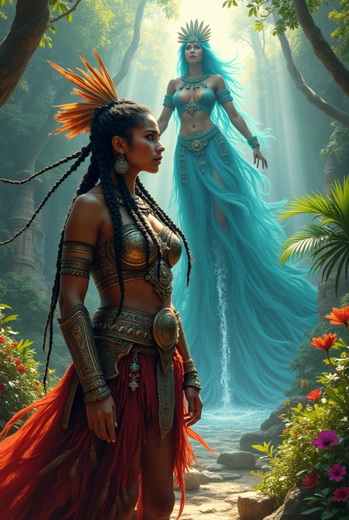  Great Aztec warrior woman proudly carrying her ichcahuipilli behind her the deity Chalchiuhtlicue
