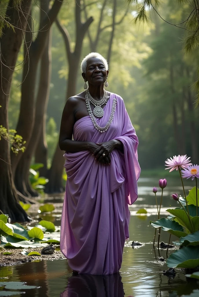 Elderly black female Orisha wearing lilac in a swamp