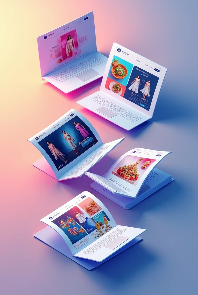 Modern and fluid web page designs in a single image, Some may be a clothing store, others a web portfolio, others a food store, others a car sales store., that they are displayed as if it were a list of 3D cards that are slightly overlapping but that allow you to appreciate the variety