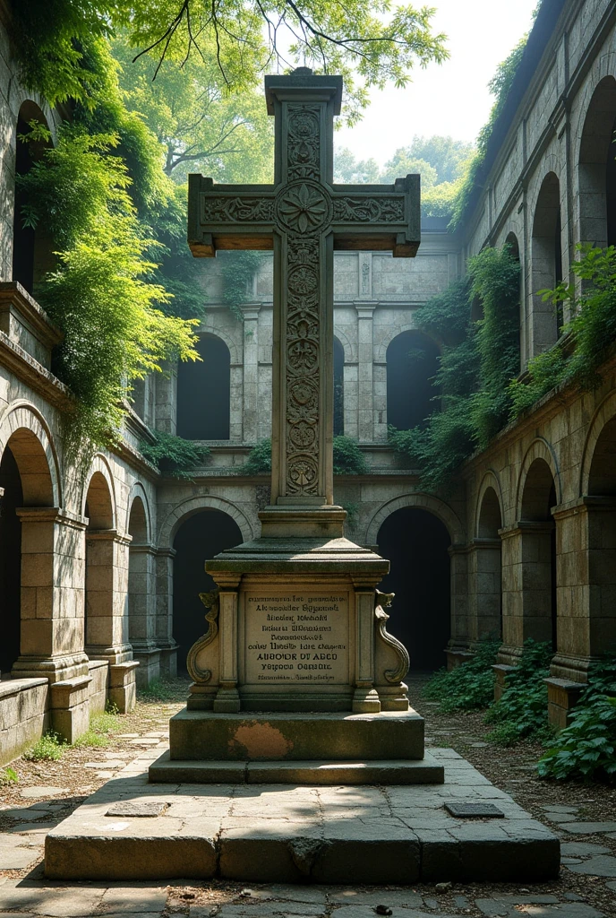 Make a monument resembling a stone cross, com about placa escrita axolomeinem Next from bi'pfi person tsi, in a monumental building abandoned for 130 years, make the image photo realistic.