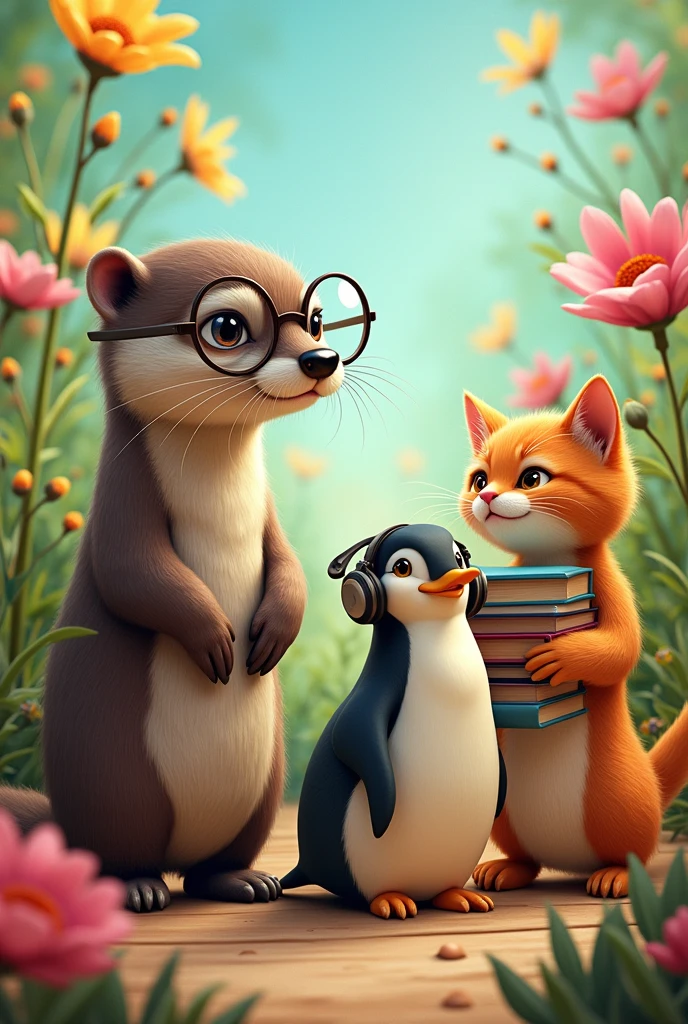 Generate an image showing an otter wearing glasses, next to a penguin with headphones, and with them, an orange-furred cat carrying some books next to her. The scene should be cheerful and colorful, with each animal standing out in its characteristic attitude: the otter with a curious expression behind his glasses, the penguin enjoying his music and the orange cat with a relaxed or playful posture