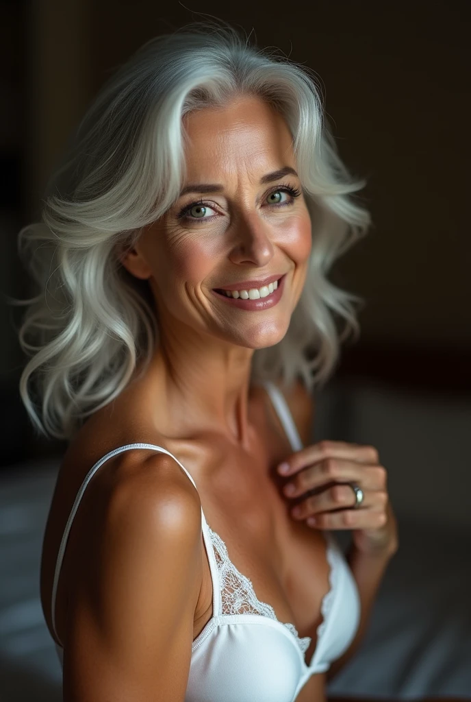 70 years old, an attractive woman, has silver hair, eyes, huge huge breasts, naked breasts, sensual white lingerie, clean, slight smile, teeth in, dim lighting, very high detail, high dynamic range.