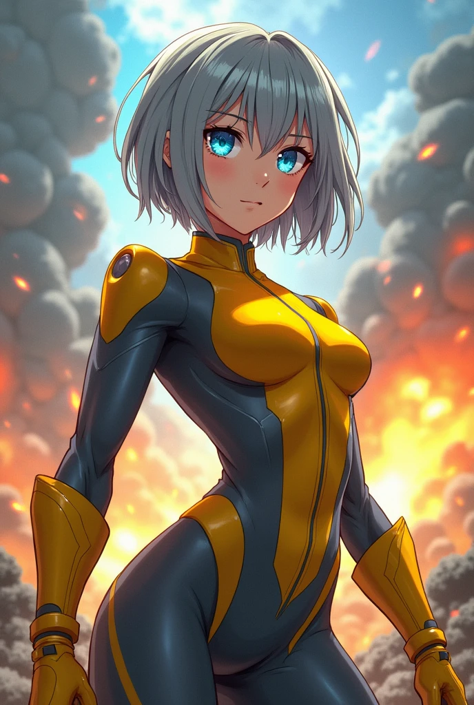 anime woman, blue eyes, short gray hair, pale brown skin, yellow and grey hero suit