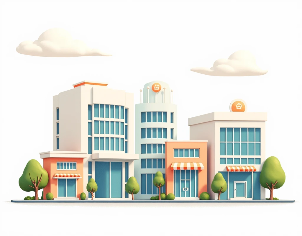 draw on a white background, 2d buildings where banks can be seen, light-colored and drawing-like

