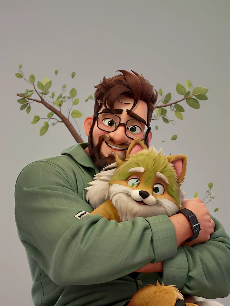 man with a beard and a telogio on his arm and a furry little dog on his lap hugging him, wearing a green shirt and with a happy face but no smile. I want this image in the best quality and similarity to the real image