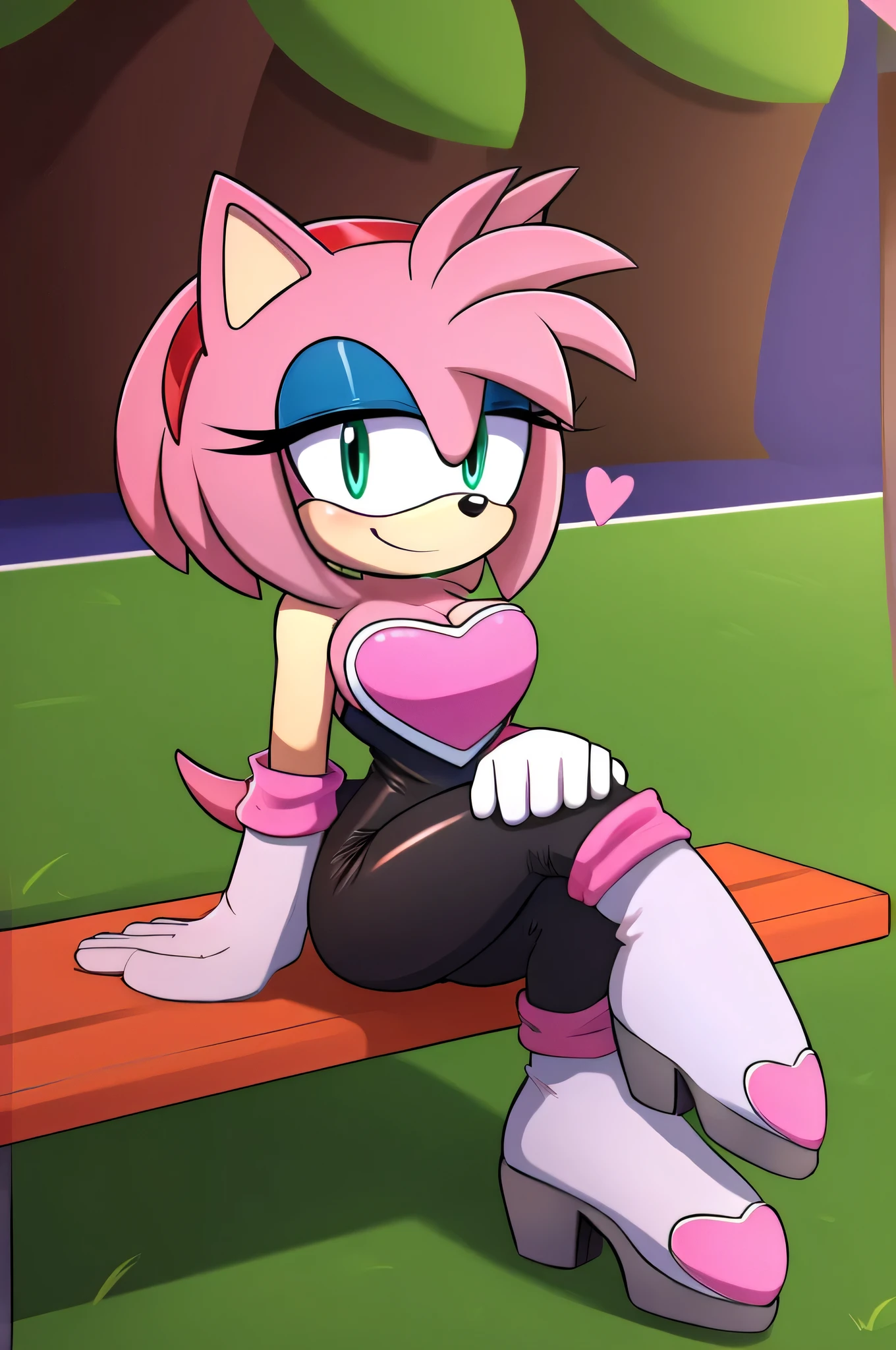 score_9, score_8_up, 2D, flat color, looking at viewer, (1girl), (solo), very detailed, extremely detailed, Amy Rose from the sonic the hedgehog series, portrait, smile, looking at viewers, hair down, hair bangs, large bust, milf, Rouge cosplay, cosplay, Rouge outfit, she wears a black skin-tight and strapless low-cut jumpsuit, a pink heart-shaped chest plate outlined with thin white trim, elbow-length white gloves and thigh-high high-heeled boots with pink cuffs to match them, with the latter featuring both gray soles and heels, along with steel toes in the appearance of pink hearts, matching her jumpsuit's chest plate, sitting on a bench, legs crossed, outside the school’s playground, a nice sunny day 