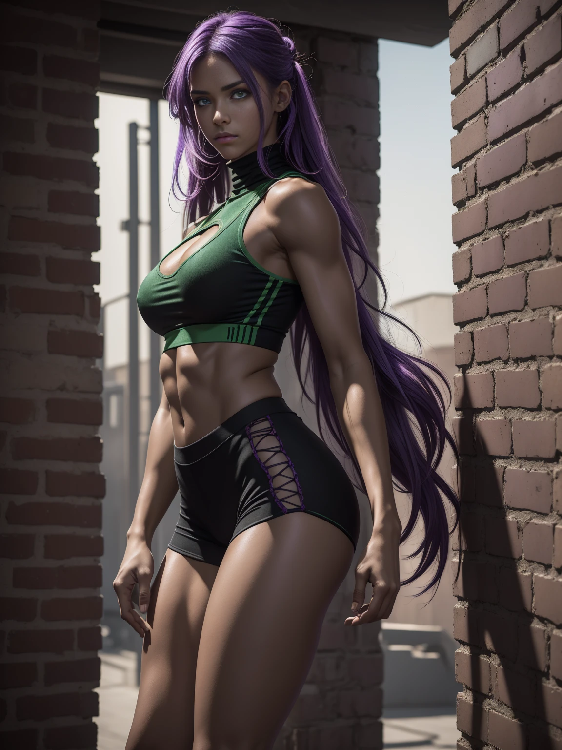 (first work, Best Quality, 1 girl, pretty , muy pretty,Alone, intricate details, chromatic aberration), realist, ((medium breathing)), wide, rasta like the ones in the movie predator, big chest, narrow waist, round and well defined ass, fit, muscular, biceps, purple head ornament, purple reflections, hair over one eye, green eyes, sharp eyes, Look towards the viewer, choker, neon shirt, Ripped leg clothes, sleeveless, very short turtleneck sweater, against the wall, brick wall, GRAPHITE, dim lighting, alley, look at the viewer,((8K PHOTOGRAPHY)), HDR ,super realistic,RAW, Hyperrealistic details, (cinematic style)vivid colors, dressed with mecha inspired by the Evangelion manga