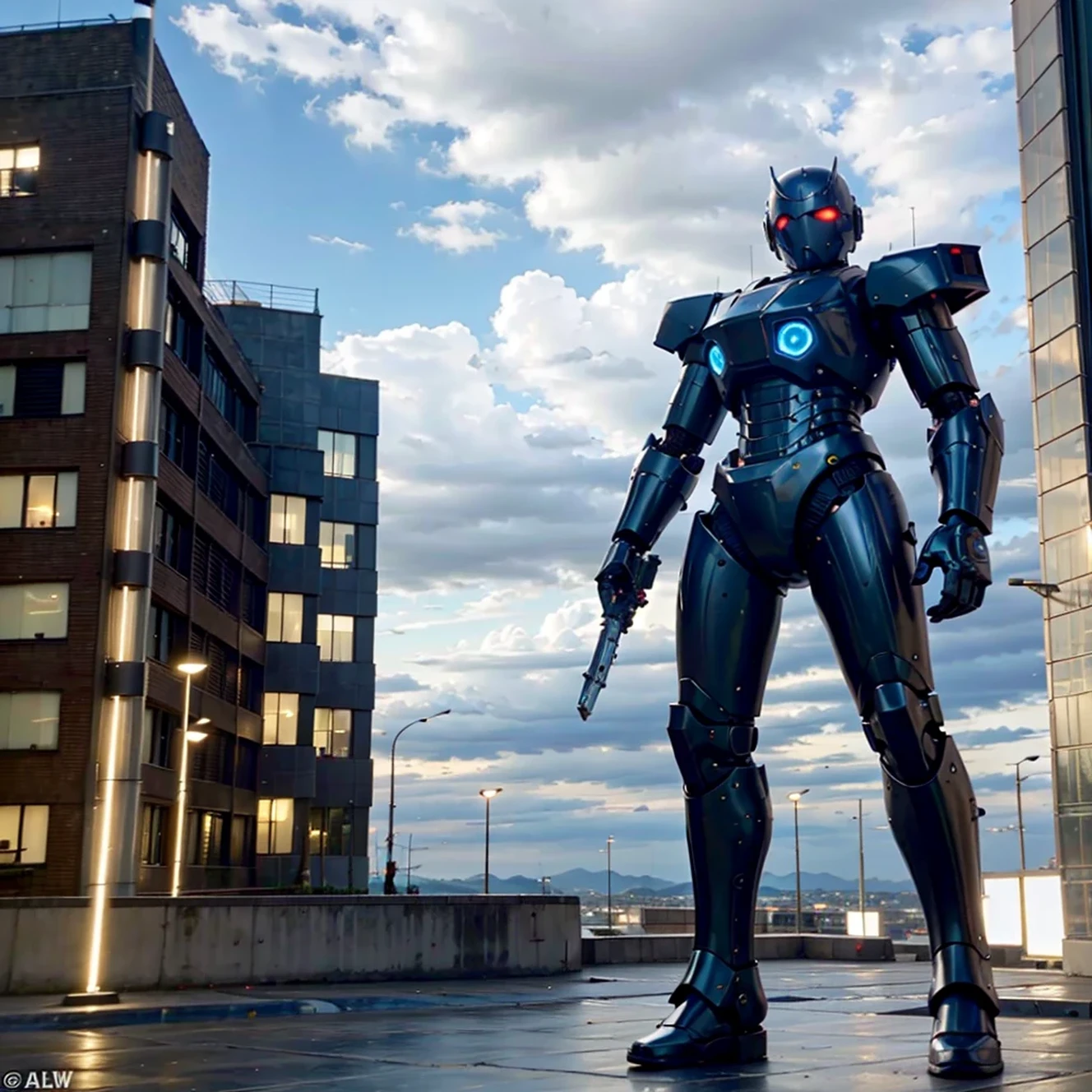 Sky, Clouds, holding_weapon, no_humans, Glow, Robot, Architecture, glowing_eyes, Mecha, Science Fiction, City, Reality, Mecha, Full Body