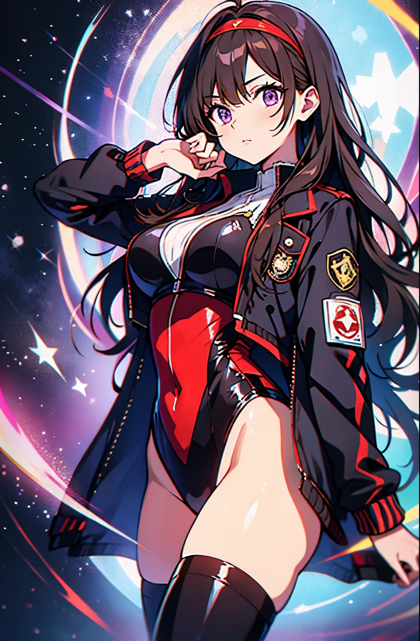 Woman with brown eyes, age 21, finger proportions coordination, (medium hair, dark brown hair, wavy hair, red hairband), ahoge, ((white blouse with black stars, vest, suit jacket, red opened jacket, jacket with stars)), (black highleg leotard, bare legs, black thigh highs, high-heel shoes), purple stellar energy around, cosmic power, cosmic shining power. (purple eyes), beautiful detailed eyes, beautiful detailed face, cute face, perfect hands, complete fingers, perfect anatomy, perfect proportions. (casting a spell). full body costume design, full body, cowboy shot.