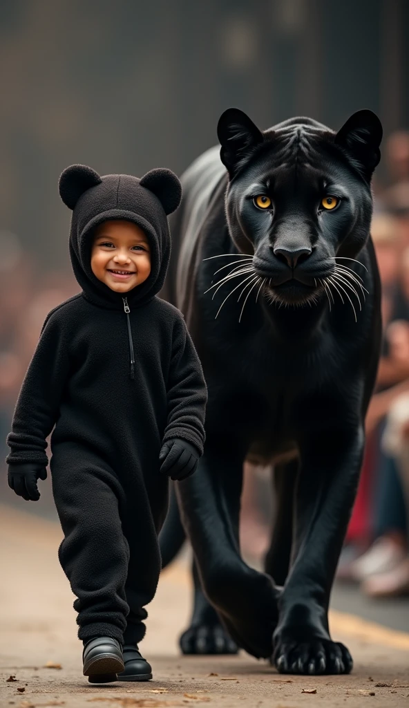a smiling dressed as a panther, walking next to a real black panther on a catwalk, blurred audience in the background taking photos, detailed face, realistic, photorealistic, 8k, highly detailed, masterpiece, dramatic lighting, vibrant colors, stunning composition