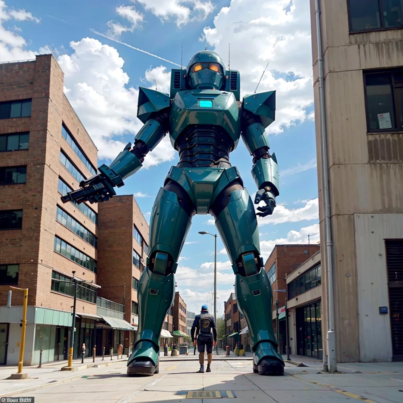 Sky, Clouds, holding_weapon, no_humans, Glow, Robot, Architecture, glowing_eyes, Mecha, Science Fiction, City, Reality, Mecha, Full Body