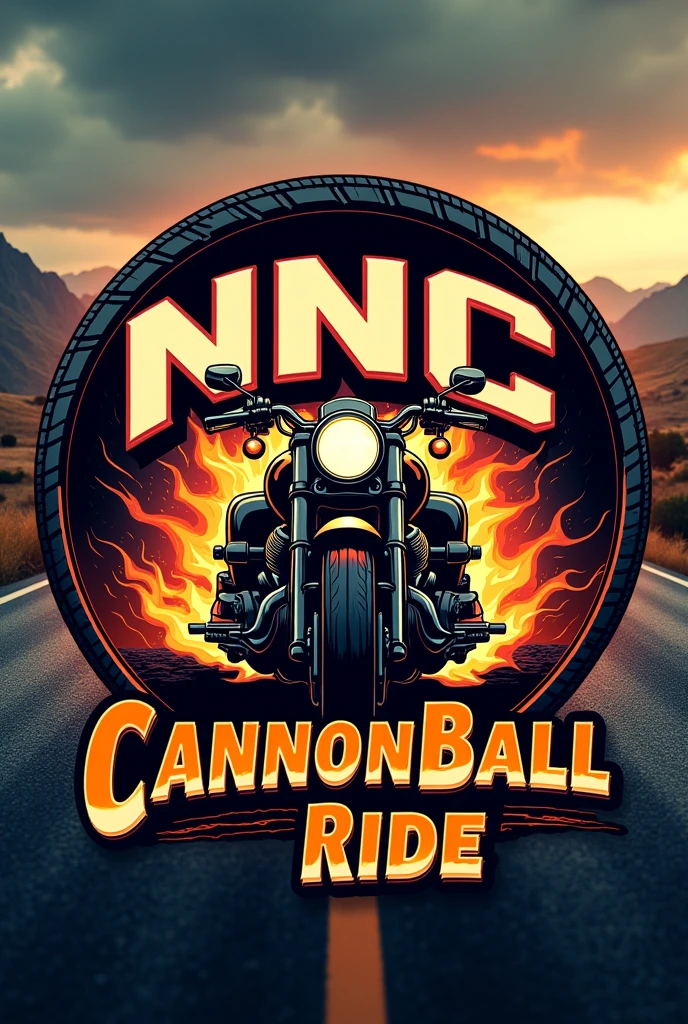Motorcycle team logo、The title is NNC、The subtitle is CANNONBALL RIDE、