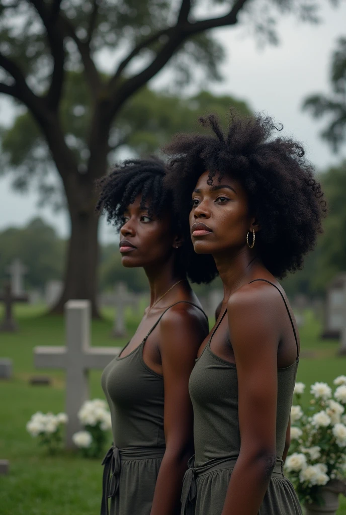 Two black women with curly hair crying at a grave 

