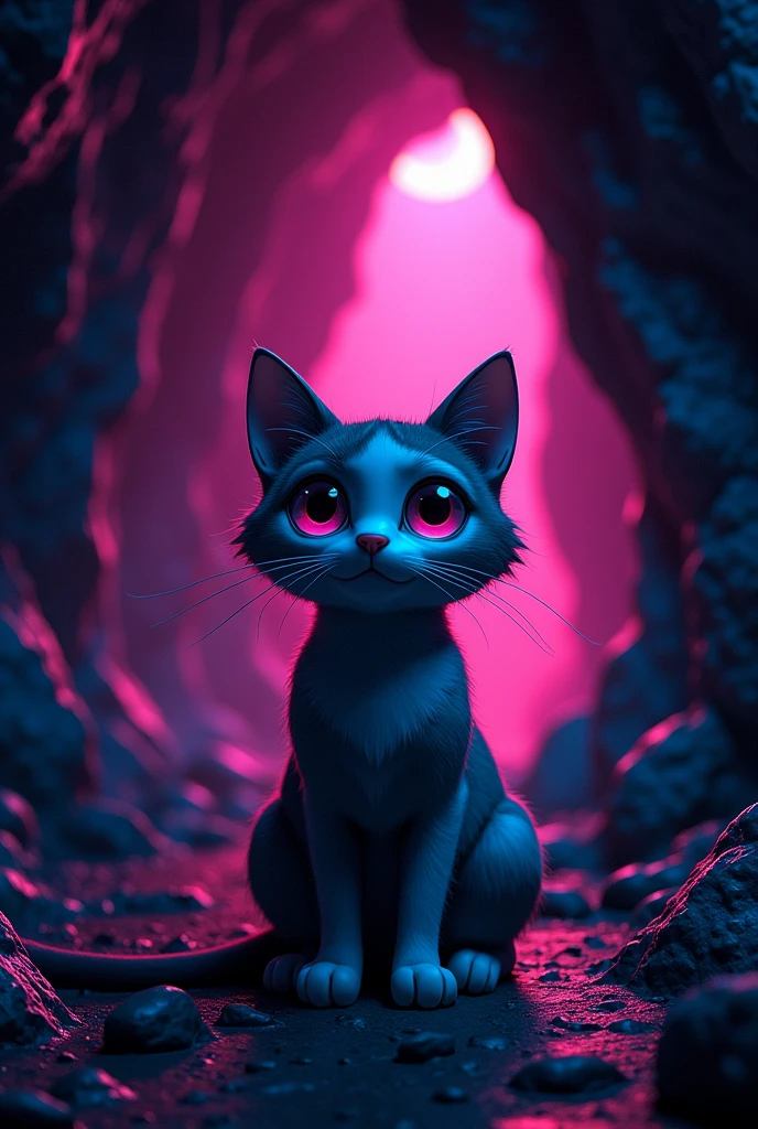 Black shadow of a white and grey cat's face looking at the camera cartoon style, Vice City GTA, in a huge cave