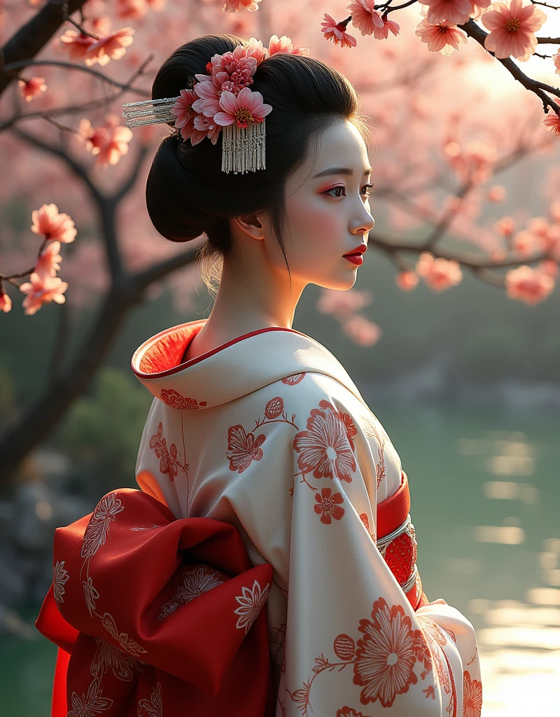 japanesian geisha beautiful image wallpaper, in the style of joel robison, light white and dark crimson, samyang af 14mm f/2.8 rf, classical figurative realism, 500–1000 ce, sculpted, 