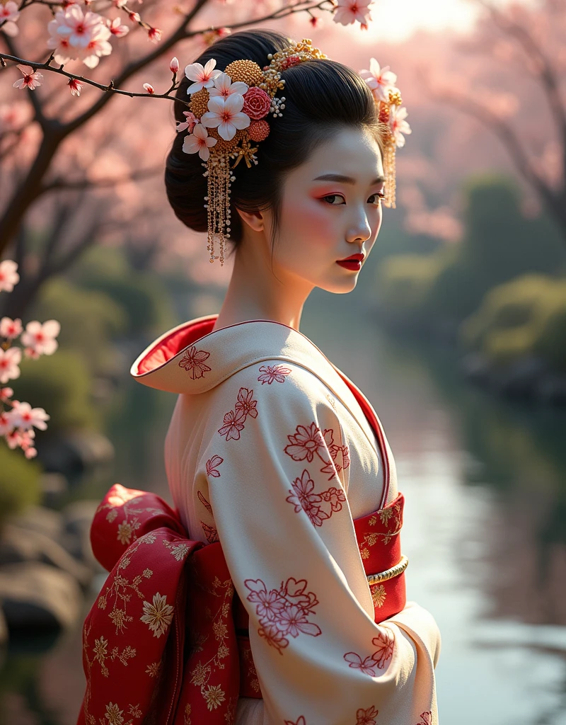 japanesian geisha beautiful image wallpaper, in the style of joel robison, light white and dark crimson, samyang af 14mm f/2.8 rf, classical figurative realism, 500–1000 ce, sculpted,