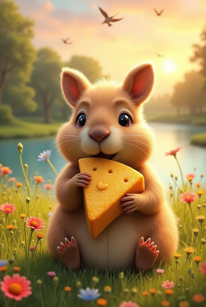 A CAPYBARA EATING CHICKEN PASTEL AND THE NAME OF THE CAPYBARA IS MARIA