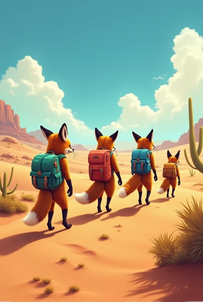 5 FEARLESS FOXES IN A DESERT WITH BACKPACKS ON THEIR BACKS CONTINUING THEIR JOURNEY