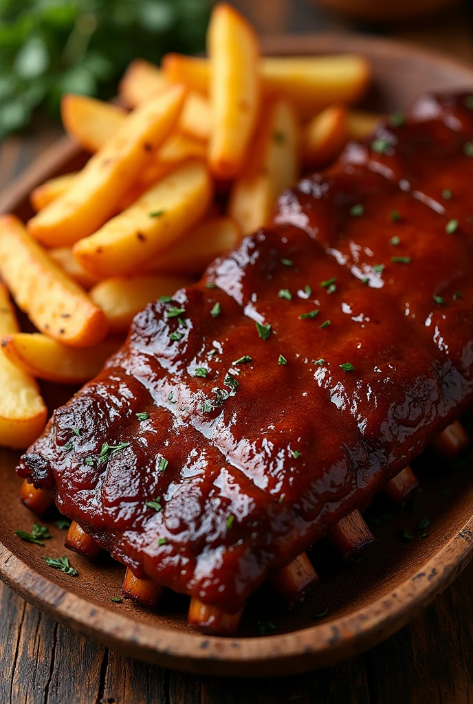 Photographic image of a plate of pork ribs in barbecue sauce accompanied with Colombian fried potatoes, taken from above
