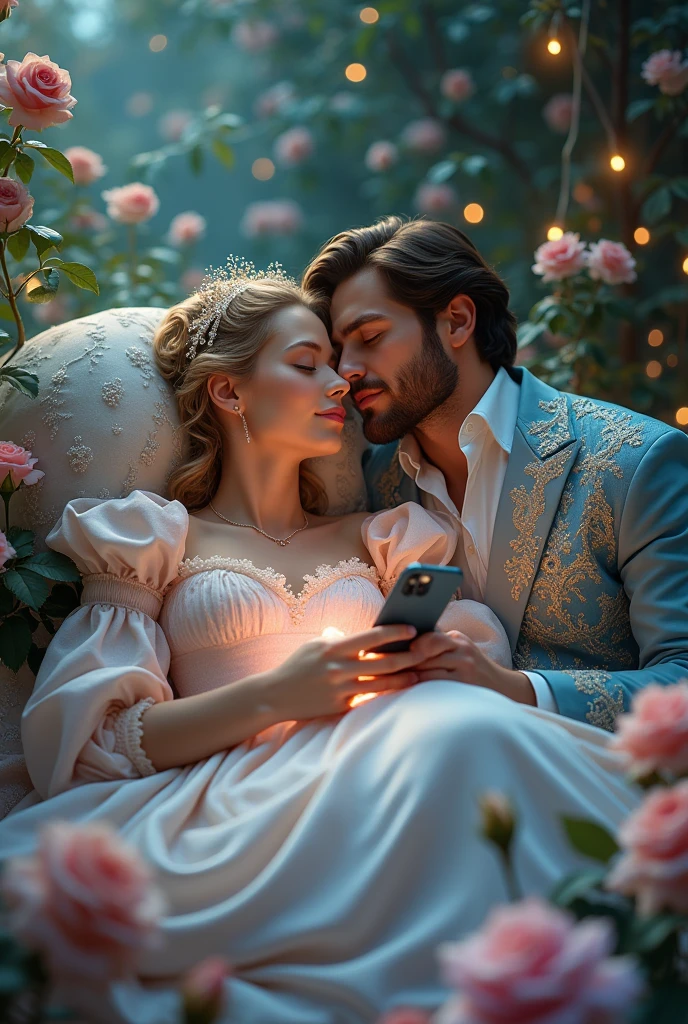 sleeping beauty sleeping with a smartphone and around her a bubble and a prince 