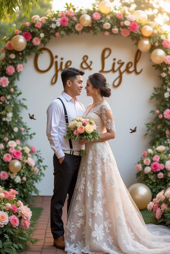 Real Pinay Pinoy wedding women beautiful and man handsome with short hair with name wall background "Ojie & Lizel"with flowers baloons butterflies