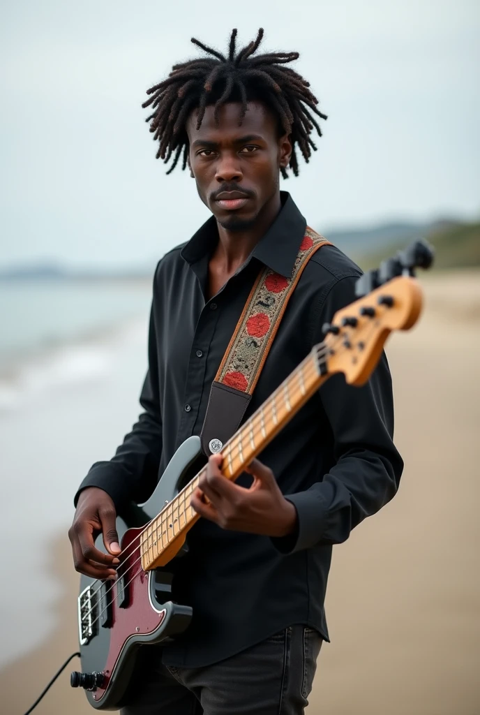 dark man, Bblack hair, bass guitar, 37 years old, hands in pocket, looking forward, beach background