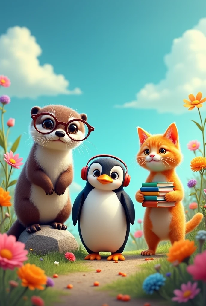 Generate an image showing an otter wearing glasses, next to a penguin with headphones, and with them, an orange-furred cat carrying some books next to her. The scene should be cheerful and colorful, with each animal standing out in its characteristic attitude: the otter with a curious expression behind his glasses, the penguin enjoying his music and the orange cat with a relaxed or playful posture