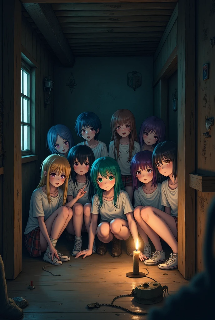 Several dirty s trapped in a dark wooden basement looking at the camera, all having hair of different colors than usual