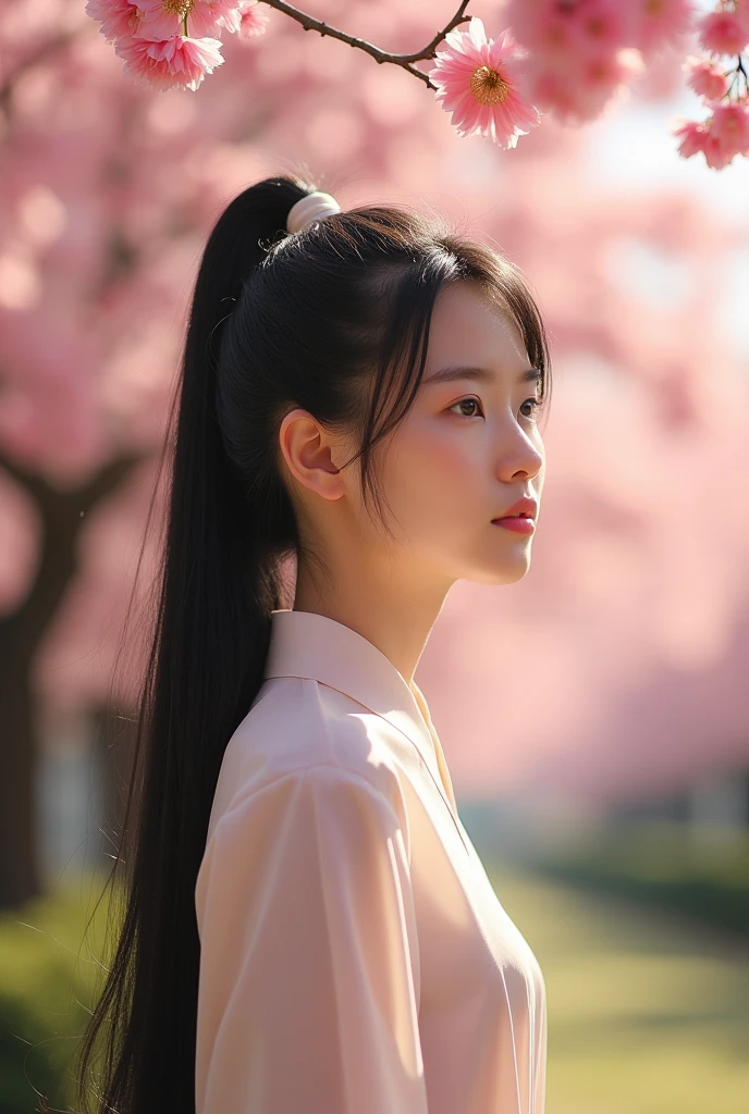 A beautiful Asian girl, 18years old, with black hair pony tail, no bang, white skin.