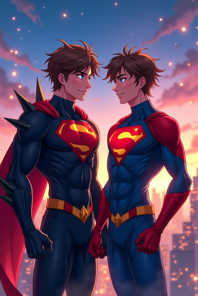 2 hombres, cuerpo completo, vello facial rapado, adolescente muy delgado tocando el pene de superman borracho e inconciente en la cama, bulto grande, enorme_, mostrando pectorales y abdominales completos, wet dreams, Great erection, bulto grande, besos, pornographic
