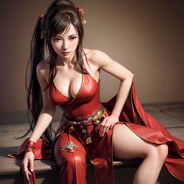 a woman wearing a red dress sitting on a black surface, Red Robe, Red Robes, Tifa, glamorous Tifa ロックハート, fully clothed in Red Robes, wearing gilded Red Robes, Spell Casting Pose, Lewd pose, Tifa ロックハート,Crouching, Red kimono