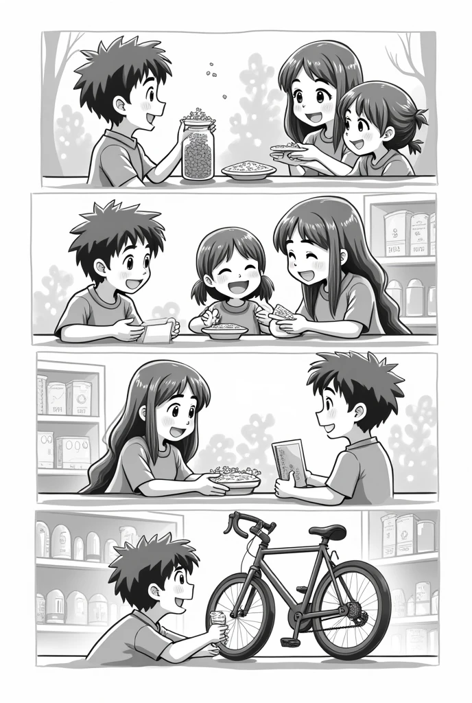 Scene of a student checking his savings jar with a smile and his sister on the side celebrating his effort Scene of the student with his mother and sister celebrating with a pizza Scene of a student in a bike shop looking at the one he wants to buy Scene of a young man paying for his bike in the shop All on a 4-panel sheet without color