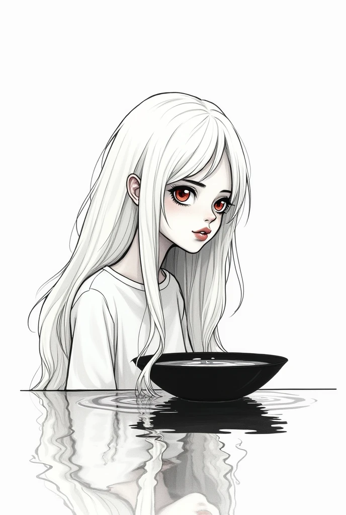 Jacques prevert black and white illustration art, illustration of a beautiful girl, an teen body, detail face, thin lips, a white very long hair, ruby eyes, melancholy, perspective - the reflection of a face in the water in the basin, line draw, white simple background, masterpiece --ar 2:3 --stylize 50