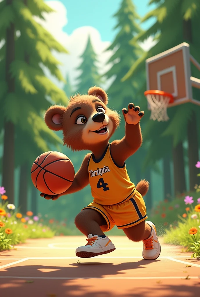 A bear playing basketball and having the name Tariquia on the uniform and number 4