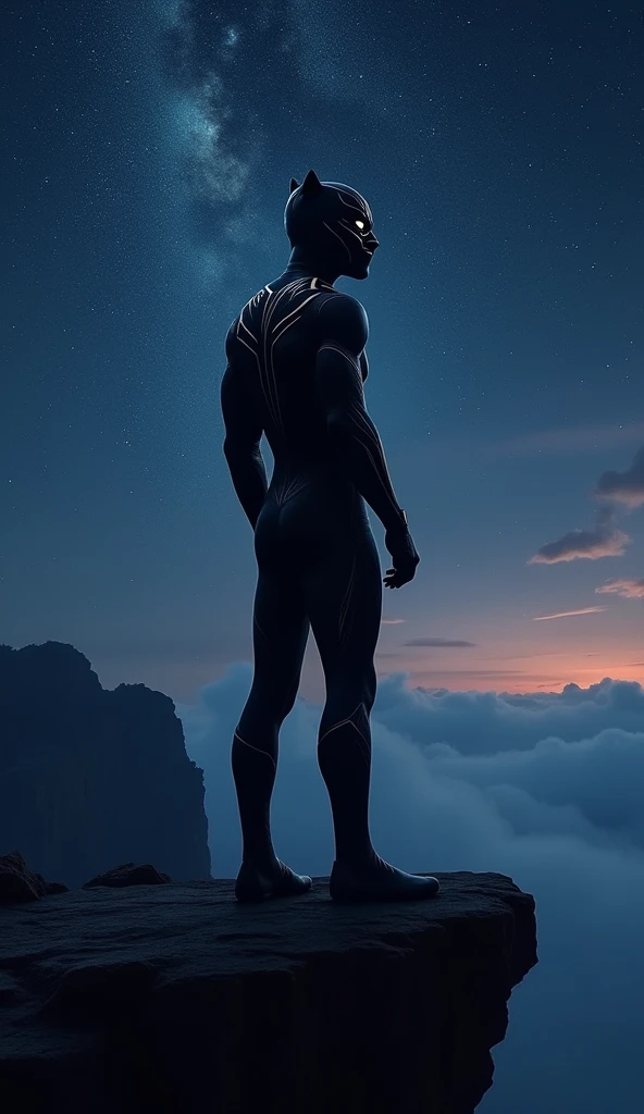 Black Panther stands on the edge of a cliff in Wakanda, the night sky illuminated by a thousand stars. His sleek, vibranium suit absorbs the moonlight, making him a shadowy figure against the backdrop of his homeland. The contours of his mask reveal only his piercing eyes, filled with a profound sense of duty and the weight of his responsibilities as king and protector. The wind carries the distant sounds of his people, reminding him of all he fights to protect. In this moment, he is not just a hero, but a symbol of resilience and hope for his nation. The scene exudes a quiet, powerful resolve, capturing the essence of T'Challa's unwavering commitment to his people and his legacy.