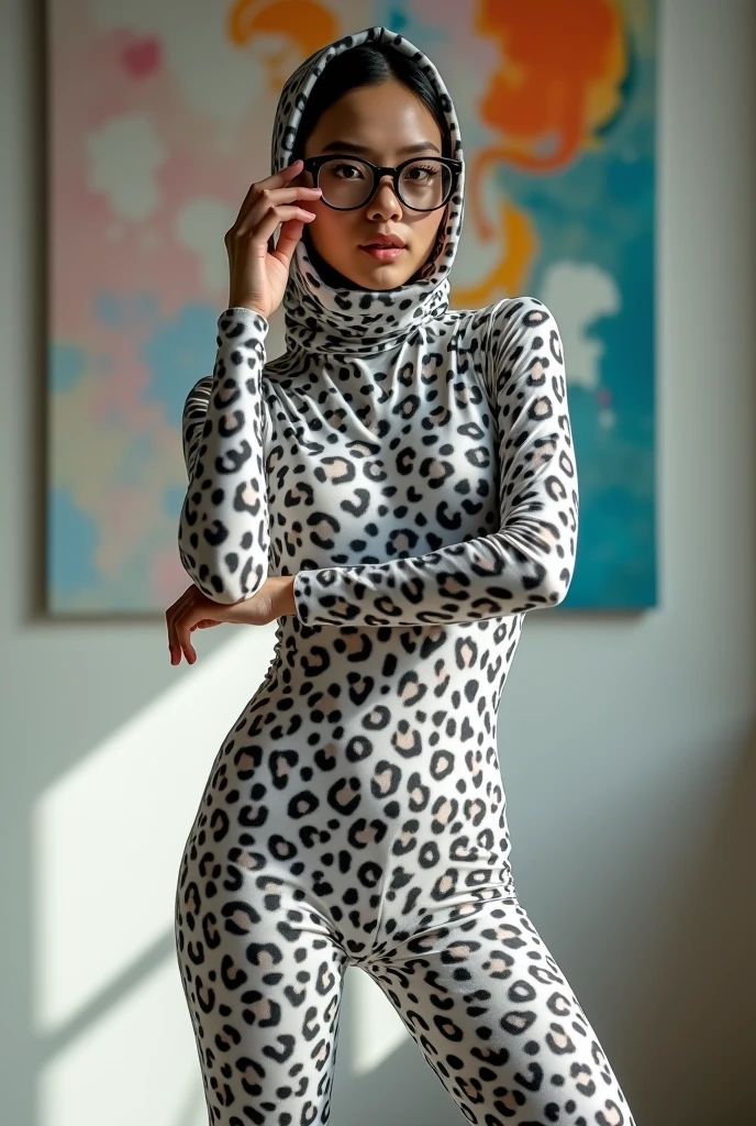 The beautiful and thin taiwan adult girl with beautiful cheeks wears snow leopard lycra turtleneck unitard catsuit covered with many spots and snow leopard lycra elastane dancewear hijab-like hood.She wears a pair of glasses