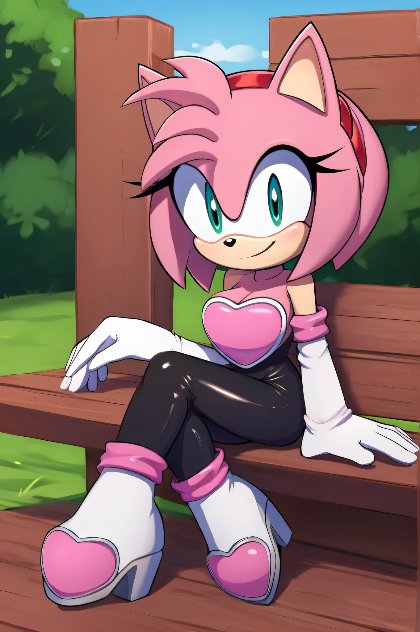 score_9, score_8_up, 2D, flat color, looking at viewer, (1girl), (solo), very detailed, extremely detailed, Amy Rose from the sonic the hedgehog series, portrait, smile, looking at viewers, hair down, hair bangs, large bust, milf, Rouge cosplay, cosplay, Rouge outfit, she wears a black skin-tight and strapless low-cut jumpsuit, a pink heart-shaped chest plate outlined with thin white trim, elbow-length white gloves and thigh-high high-heeled boots with pink cuffs to match them, with the latter featuring both gray soles and heels, along with steel toes in the appearance of pink hearts, matching her jumpsuit's chest plate, sitting on a bench, legs crossed, outside the school house in the recess playground, a nice sunny day